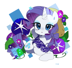 Size: 1600x1520 | Tagged: safe, artist:potetecyu_to, rarity, unicorn, semi-anthro, g4, arm hooves, blue eyes, bow, breasts, cel shading, chestbreasts, chibi, clothes, detailed background, female, hair bow, hat, hawaiian shirt, mare, purple hair, purple mane, purple tail, shading, shirt, solo, sun hat, swimsuit, tail