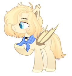 Size: 1391x1462 | Tagged: safe, artist:darlyjay, oc, oc only, oc:amber, bat pony, pony, bat pony oc, choker, colored pupils, ear tufts, fangs, female, hair over one eye, lidded eyes, mare, neckerchief, raised hoof, simple background, smiling, solo, transparent background, underhoof