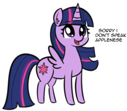 Size: 1358x1192 | Tagged: safe, artist:artiks, twilight sparkle, alicorn, pony, friendship is witchcraft, g4, applenese, dialogue, female, mare, simple background, solo, speech, twilight sparkle (alicorn), white background