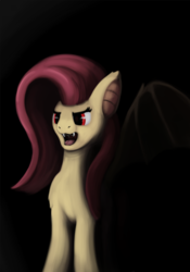 Size: 1050x1500 | Tagged: safe, artist:redquoz, fluttershy, bat pony, pony, vampire, g4, atg 2018, black background, digital painting, drool, fangs, female, flutterbat, newbie artist training grounds, race swap, red eyes, simple background, solo