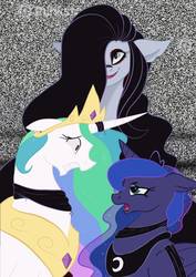 Size: 1000x1414 | Tagged: safe, artist:hpbudgecraft, princess celestia, princess luna, alicorn, earth pony, pony, g4, hair over one eye, horn, horn ring, ponified, static, the ring