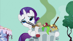 Size: 1280x720 | Tagged: safe, screencap, rarity, pony, unicorn, g4, party of one, female, hoof hold, mare, solo, this will end in tears, trash can, visible stench