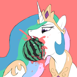 Size: 1000x1000 | Tagged: dead source, safe, artist:baigak, princess celestia, alicorn, pony, g4, crown, eating, female, food, herbivore, hoof shoes, horseshoes, jewelry, majestic as fuck, mare, not blood, peytral, regalia, solo, suggestive source, watermelon