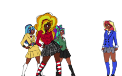 Size: 720x450 | Tagged: source needed, safe, artist:the-75th-hunger-game, adagio dazzle, aria blaze, sonata dusk, sunset shimmer, human, g4, blackdagio, blazer, candy store, clothes, dancing, heather chandler, heather duke, heather mcnamara, heathers, heathers the musical, human coloration, humanized, kneesocks, scrunchie, simple background, socks, song reference, the dazzlings, transparent background, veronica sawyer