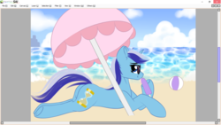 Size: 1024x576 | Tagged: safe, artist:xcinnamon-twistx, minuette, pony, unicorn, g4, ball, beach, beach umbrella, commission, example, female, food, ice cream, mare, ocean, popsicle, relaxing, screenshots, solo, sunglasses, tongue out, umbrella, water, ych example, your character here