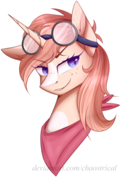 Size: 1573x2297 | Tagged: safe, artist:chaostrical, oc, oc only, oc:rusty gears (cinnamontee), pony, unicorn, bust, clothes, female, goggles, mare, scarf, signature, simple background, solo, transparent background