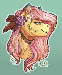 Size: 1024x1229 | Tagged: safe, artist:biakela, fluttershy, pony, g4, bust, feather, female, flower, looking away, mare, outline, portrait, profile, simple background, smiling, solo