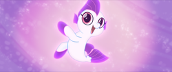 Size: 1920x808 | Tagged: safe, screencap, sea poppy, seapony (g4), g4, my little pony: the movie, baby seapony (g4), bubble, cute, daaaaaaaaaaaw, fins, fish tail, flowing tail, ocean, one small thing, open mouth, open smile, purple eyes, seaquestria, smiling, solo, tail, underwater, water