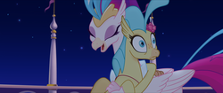 Size: 1920x808 | Tagged: safe, screencap, princess skystar, queen novo, classical hippogriff, hippogriff, g4, my little pony: the movie, duo, eyes closed, faic, female, flower, flower in hair, hug, laughing, mother and daughter, oh crap face, rainbow (song), shocked, smiling, surprised, wide eyes, you are so grounded
