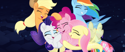 Size: 1920x808 | Tagged: safe, screencap, applejack, fluttershy, pinkie pie, rainbow dash, rarity, earth pony, pegasus, pony, seapony (g4), unicorn, g4, my little pony: the movie, cuddling, cute, dashabetes, diapinkes, dorsal fin, eyes closed, female, fin, fin wings, fins, fish tail, flowing mane, flowing tail, group hug, happy, hat, horn, hug, jackabetes, mare, ocean, open mouth, open smile, raribetes, remane five, sea ponies, seaponified, seapony applejack, seapony fluttershy, seapony pinkie pie, seapony rainbow dash, seapony rarity, seaquestria, shyabetes, smiling, species swap, tail, underwater, water, wings