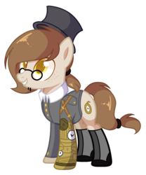 Size: 1498x1801 | Tagged: safe, artist:poppyglowest, oc, oc only, earth pony, pony, clothes, female, glasses, hat, mare, prosthetics, shoes, simple background, solo, steampunk, top hat, transparent background