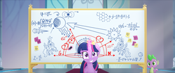 Size: 1920x808 | Tagged: safe, screencap, princess celestia, princess luna, spike, twilight sparkle, alicorn, dragon, pony, g4, my little pony: the movie, eclipse, fancy mathematics, female, golden ratio, levitation, magic, mare, math, phi, physics, princess luna is amused, psi, quantum mechanics, refraction, schrodinger equation, solar eclipse, special relativity, telekinesis, theta, twilight sparkle (alicorn), whiteboard