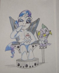 Size: 511x632 | Tagged: safe, artist:hillbe, opalescence, rarity, spike, cat, g4, austin powers, chair, dr. evil, female, male, mini-me (austin powers), mr. bigglesworth, ship:sparity, shipping, straight, traditional art