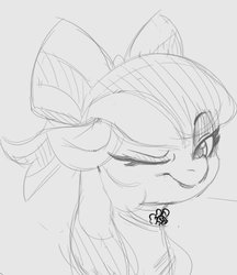 Size: 510x589 | Tagged: safe, artist:tre, apple bloom, earth pony, pony, g4, bow, female, filly, grayscale, looking at you, monochrome, one eye closed, solo, traditional art, wink
