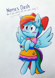 Size: 1525x2158 | Tagged: safe, artist:mustachedbain, rainbow dash, pegasus, pony, g4, alternate hairstyle, blushing, clothes, cute, dashabetes, dress, female, mare, rainbow dash always dresses in style, smiling, solo, traditional art