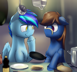 Size: 2695x2509 | Tagged: safe, artist:toanderic, oc, oc only, oc:ad, oc:stratosphere, earth pony, pegasus, pony, confused, cooking, frying pan, giggling, high res, kitchen