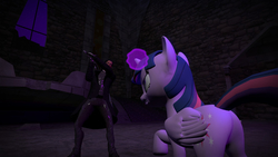 Size: 1920x1080 | Tagged: safe, twilight sparkle, alicorn, human, g4, 3d, castle of the royal pony sisters, clothes, fanfic art, fight, gmod, johnathan johnson, original art, story included, trenchcoat, twilight sparkle (alicorn)
