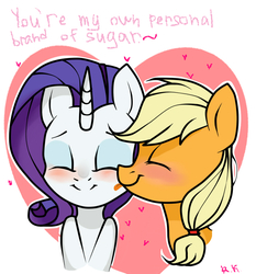 Size: 739x793 | Tagged: safe, artist:kilka-chan-yana, applejack, rarity, earth pony, pony, unicorn, g4, blushing, cute, female, happy, jackabetes, lesbian, licking, raribetes, ship:rarijack, shipping, smiling, tongue out