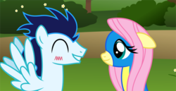 Size: 3808x1971 | Tagged: safe, artist:meandmyideas, fluttershy, soarin', pegasus, pony, g4, blushing, clothes, crack shipping, duo, eyes closed, female, male, shipping, smiling, soarinshy, straight, uniform, vector, wonderbolts uniform, wondershy