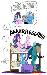 Size: 2451x3909 | Tagged: safe, artist:bobthedalek, starlight glimmer, trixie, pony, unicorn, g4, bed mane, bunk bed, chubby, clothes, dream, duo, female, hat, high res, horn, horn impalement, horn poke, implied twilight sparkle, kite, literal butthurt, mare, messy mane, nightcap, nightmare, pain, screaming, shrunken pupils, simple background, slippers, trixie's nightcap, trophy, unicorn problems, white background