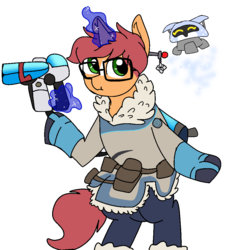 Size: 940x1030 | Tagged: safe, artist:nootaz, oc, oc:game guard, unicorn, semi-anthro, clothes, cosplay, costume, glowing horn, horn, magic, mei, overwatch, simple background, telekinesis, transparent background