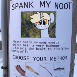 Size: 540x535 | Tagged: safe, artist:nootaz, oc, oc only, oc:nootaz, fish, bacon, food, implied spanking, looking at you, meat, meme, noot abuse, paddle, stick