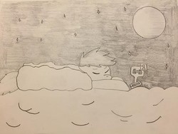 Size: 526x395 | Tagged: safe, artist:krafty kitsune, oc, oc only, oc:krafty kitsune, pony, blanket, cloud, moon, night, phone, sleeping, solo, traditional art