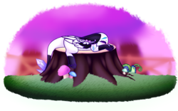 Size: 2279x1421 | Tagged: safe, artist:honeybbear, oc, oc only, oc:beatz, nocturnal howler, original species, crystal, female, filly, mushroom, simple background, solo, transparent background, tree stump, younger