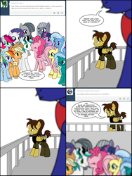 Size: 1212x1612 | Tagged: safe, artist:dekomaru, applejack, fluttershy, limestone pie, marble pie, pinkie pie, rainbow dash, trixie, twilight sparkle, oc, oc:danzo, oc:hattori, earth pony, pegasus, pony, unicorn, tumblr:ask twixie, g4, ask, ask twixie 3.0, canon x oc, comic, female, lesbian, ship:appledash, ship:twixie, shipping, tumblr