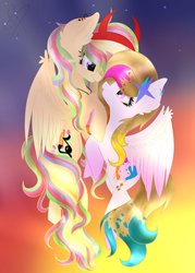 Size: 2500x3500 | Tagged: safe, artist:xxmelody-scribblexx, oc, oc only, oc:melody scribble, oc:spring splat, pegasus, pony, female, flying, high res, mare, twilight (astronomy)