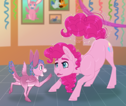 Size: 3200x2700 | Tagged: safe, artist:jackiebloom, pinkie pie, oc, oc:disco inferno, earth pony, hybrid, mule, pegamule, pony, g4, colt, duo, female, high res, male, mare, mother and son, pinkie sense, twitchy tail, younger