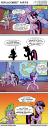 Size: 1134x2972 | Tagged: safe, artist:pony-berserker, spike, starlight glimmer, twilight sparkle, alicorn, dragon, pony, unicorn, g4, the mean 6, comic, female, glowing horn, horn, i can't believe it's not idw, magic, male, mare, silhouette, telekinesis, twilight sparkle (alicorn), twilight's castle, winged spike, wings