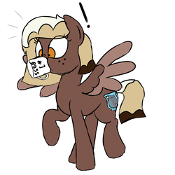 Size: 3000x3000 | Tagged: safe, artist:besttubahorse, oc, oc:sweet mocha, pegasus, pony, black outlines, coffee mug, colored sketch, exclamation point, freckles, high res, mug, raised hoof, silly, simple background, sketch, spread wings, stuck, surprised, white background