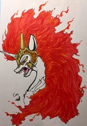 Size: 888x1280 | Tagged: safe, artist:greyscaleart, daybreaker, alicorn, pony, g4, bust, female, fire, helmet, mare, open mouth, portrait, signature, simple background, solo, teeth, traditional art, white background