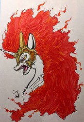 Size: 888x1280 | Tagged: dead source, safe, artist:greyscaleart, daybreaker, alicorn, pony, g4, bust, female, fire, helmet, mare, open mouth, portrait, signature, simple background, solo, teeth, traditional art, white background