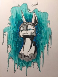 Size: 960x1280 | Tagged: safe, artist:greyscaleart, nightmare moon, alicorn, pony, g4, bust, female, helmet, lidded eyes, mare, portrait, signature, simple background, solo, traditional art, white background