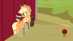 Size: 3000x1687 | Tagged: safe, artist:aaronmk, applejack, earth pony, pony, g4, atg 2018, ball, barn, barrel, book, cowboy hat, das kapital, female, hat, karl marx, mare, newbie artist training grounds, reading, relaxing, solo, stetson, straw, the capital, vector