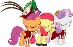 Size: 5481x3574 | Tagged: safe, artist:ironm17, apple bloom, scootaloo, sweetie belle, earth pony, pegasus, pony, unicorn, g4, carnival, clothes, costume, cutie mark crusaders, eyes closed, female, filly, germany, hat, simple background, transparent background