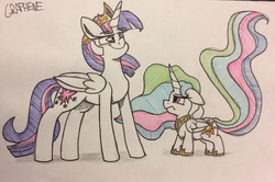 Size: 3264x2169 | Tagged: safe, artist:graphene, artist:greyscaleart, princess celestia, twilight sparkle, alicorn, pony, g4, age swap, cewestia, female, filly, high res, mare, older, older twilight, partial color, role reversal, smol, traditional art, twilight sparkle (alicorn), younger