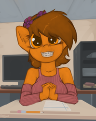 Size: 963x1210 | Tagged: safe, artist:marsminer, oc, oc only, oc:venus spring, unicorn, anthro, adorasexy, adorkable, adorkasexy, anthro oc, arm warmers, bare shoulders, big breasts, big eyes, braces, breasts, clothes, cute, desk, dork, ear fluff, female, flower, flower in hair, hands together, ocbetes, school, sexy, sleeveless, sleeveless sweater, smiling, solo, sweater, sweater puppies, this will end in tears, venus spring actually having a pretty good time