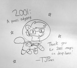Size: 1638x1440 | Tagged: safe, artist:tjpones, derpibooru exclusive, oc, oc only, oc:tjpones, earth pony, pony, 2001: a space odyssey, astronaut, floating, glasses, lineart, male, monochrome, mouth hold, pencil, signature, simple background, solo, space, spacesuit, stallion, stars, traditional art
