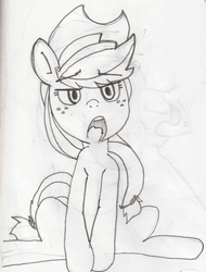 Size: 1143x1501 | Tagged: safe, artist:baigak, applejack, earth pony, pony, g4, applejack's hat, cowboy hat, female, grayscale, hat, mare, monochrome, open mouth, simple background, sitting, sketch, solo, traditional art, white background