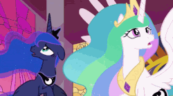 Size: 1408x790 | Tagged: safe, edit, edited screencap, editor:childofthenight, screencap, princess celestia, princess luna, alicorn, pony, a royal problem, g4, animated, canterlot castle, confused, female, flying, gif, mare, reversed, royal sisters, shocked, sisters, throne room, wings