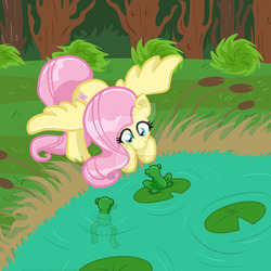 Size: 1024x1024 | Tagged: safe, artist:yoshimarsart, fluttershy, frog, pegasus, pony, g4, cattails, female, lilypad, looking at something, looking down, pond, reeds, solo, spread wings, watermark, wings