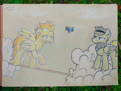 Size: 2300x1725 | Tagged: safe, artist:moemneop, rainbow dash, spitfire, pegasus, pony, g4, cloud, drunk, floppy ears, male, police officer, stallion, tightrope, tipsyfire, tongue out, traditional art