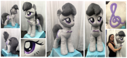 Size: 1600x730 | Tagged: safe, artist:equinepalette, octavia melody, earth pony, human, pony, g4, bowtie, female, irl, irl human, life size, mare, photo, plushie, solo, standing