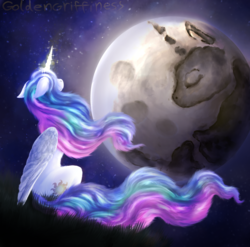 Size: 3042x3000 | Tagged: safe, artist:goldengriffiness, princess celestia, alicorn, pony, g4, female, full moon, high res, mare, mare in the moon, moon, solo