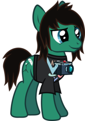 Size: 635x908 | Tagged: safe, artist:lightningbolt, derpibooru exclusive, earth pony, pony, g4, .svg available, camera, clothes, drop dead clothing, male, ponified, shirt, show accurate, simple background, smug, solo, stallion, standing, svg, t-shirt, tom sykes, transparent background, vector