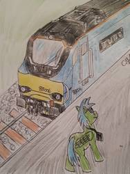 Size: 1126x1501 | Tagged: safe, artist:rapidsnap, oc, oc only, oc:rapidsnap, pegasus, pony, photo, photography, solo, traditional art, train, trainspotting