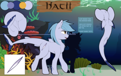 Size: 5248x3288 | Tagged: safe, artist:beardie, oc, oc only, oc:hatii, original species, shark pony, coral, disembodied butt, female, fins, height scale, mare, ocean, reference sheet, seaweed, solo, text, walking